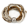 Silver/ White/ Bronze Multistrand Glass Bead Flex Bracelet With A Silver Mirrored Ball - 19cm L