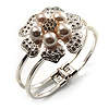 Bridal Imitation Pearl Floral Hinged Bangle Bracelet (Silver Tone)