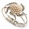 Bridal Imitation Pearl Flower Hinged Bangle Bracelet (Silver Tone)