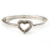 Romantic Crystal Heart Hinged Bangle Bracelet (Silver Tone)