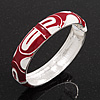 Red/White Geometric Enamel Hinged Bangle Bracelet In Rhodium Plated Metal - 18cm Length