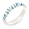 Aqua Blue/White Zebra Pattern Hinged Bangle Bracelet In Rhodium Plated Metal - 18cm Length