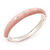 Light Pink Diamante Enamel Hinged Bangle Bracelet In Rhodium Plated Metal -17cm Length
