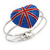 Swarovski Crystal Union Jack 'Heart' Hinged Bangle In Silver Plating - Up to 19cm Wrist