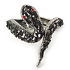 Vintage Burn Silver Black/Dim Grey Glass/Crystal Bead 'Snake' Hinged Bangle - 18cm Length