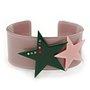 Beige Acrylic Cuff Bracelet With Crystal Double Star Motif (Pink, Dark Green) - 19cm L