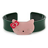 Dark Green, Pink Acrylic 'Kitty' Cuff Bracelet - 19cm L