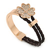 Clear Crystal Clover Bangle Bracelet With Brown Faux Leather Cord In Gold Tone - 17cm L