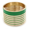 Wide Grass Green/ White Enamel Stripy Hinged Bangle In Gold Plating - 19cm L