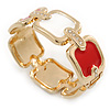 Cream/ Red Enamel Square, Crystal Hinged Bangle Bracelet In Gold Tone - 19cm L