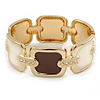 Cream/ Brown Enamel Square, Crystal Hinged Bangle Bracelet In Gold Tone - 19cm L