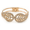 Gold Plated Clear Crystal Leaf Hinged Bangle Bracelet -  up to 19cm L
