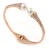 Delicate Crystal Simulated Glass Pearl Bead Hinged Bangle Bracelet In Rose Gold Tone - 18cm L
