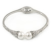 Delicate Crystal Simulated Glass Pearl Bead Hinged Bangle Bracelet In Rhodium Plating - 18cm L