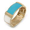 Light Blue/ Off White Enamel Oval Hinged Bangle Bracelet In Gold Tone Metal - 18cm L