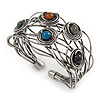 Vintage Inspired Multicoloured Semiprecious Stone Wire Cuff Bracelet/ Bangle - Silver Tone - Adjustable
