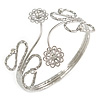 Silver Plated Textured 'Flowers & Twirls' Diamante Upper Arm Bracelet Armlet - Adjustable
