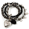 3-Strand Puffed Heart&Star Charm Flex Bead Bracelet (Black&Silver)