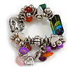 Multicolour Bead&Stone Heart Charm Flex Bracelet (Antique Silver Tone)