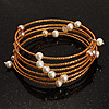 Glass Beaded Freshwater Pearl Charm Wrap Bangle Bracelet (6mm)