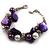 Faux Pearl & Shell - Composite Silver Tone Link Bracelet ( Purple, Violet & White) - 17cm Long/ 4cm Ext