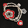 2-Strand Red Floral Charm Bead Flex Bracelet (Antique Silver Tone)