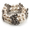 2 Strand Crystal Butterfly Imitation Pearl Flex Bracelet - up to 17cm (for smaller wrists)