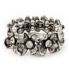 Antique Silver Floral Diamante Flex Bracelet - Up to 19cm length