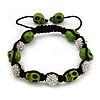 Light Green Skull Shape Stone Beads & Crystal Balls Bracelet - 11mm diameter - Adjustable