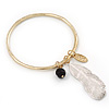 Thin Hammered Charm 'Bead, Feather & Medallion' Bangle In Gold Plating - 18cm Length