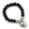 Jet Black Faceted Glass Bead 'Heart' Flex Bracelet - up to 22cm Length