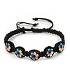 Multicoloured/Black Floral Wooden Friendship Style Cotton Cord Bracelet - Adjustable