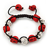 Red Skull Shape Stone Beads & Crystal Balls Buddhist Bracelet - 11mm diameter - Adjustable