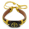 Unisex Dark Brown/ Yellow Leather 'Peace' Friendship Bracelet - Adjustable