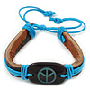 Unisex Dark Brown/ Light Blue Leather 'Peace' Friendship Bracelet - Adjustable