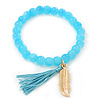 Light Blue Glass Bead Stretch Bracelet with Gold Plated Feather Charm & Silk Tassel - 6mm - Up to 20cm Length