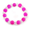 Bright Pink/ Transparent Round Glass Bead Stretch Bracelet - up to 18cm Length
