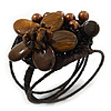 Chocolate Brown Ceramic, Simulated Pearl Bead Flower Wired Flex Bracelet - Adjustable