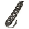 Wide Gun Metal Mesh Chain Structured Bracelet With Clear Crystals - 17cm (9cm Extension)