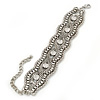 Wide Rhodium Plated Mesh Chain Structured Bracelet With Clear Crystals - 17cm (9cm Extension)