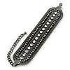 Wide Structured Gun Metal Mesh Chain Bracelet With Clear Crystals - 16cm (8cm Extension)