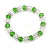 Green/ Transparent Glass Bead With Silver Tone Crystal Ring Stretch Bracelet - up to 21cm Length