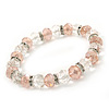 Pale Pink/ Transparent Glass Bead With Silver Tone Crystal Ring Stretch Bracelet - up to 21cm Length
