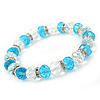 Light Blue/ Transparent Glass Bead With Silver Tone Crystal Ring Stretch Bracelet - up to 21cm Length