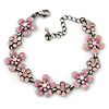 Light Pink Enamel Floral Bracelet In Pewter Tone Metal - 17cm Length/ 6cm Extension