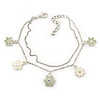 Delicate Silver Tone Double Chain With Enamel Floral Charms Bracelet (White/ Pale Green) - 18cm Length/ 4cm Extension
