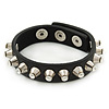 Crystal Studded Black Faux Leather Strap Bracelet (Silver Tone) - Adjustable up to 20cm