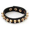 Crystal Studded Black Faux Leather Strap Bracelet (Gold Tone) - Adjustable up to 20cm
