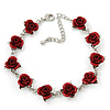 Romantic Red Rose Bracelet In Rhodium Plating - 18cm Length/ 6cm Extension
