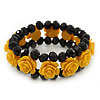 Romantic Yellow Resin Rose, Black Glass Bead Flex Bracelet - 19cm Length